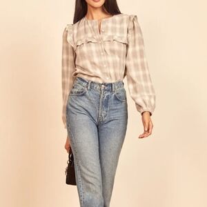 Reformation Aya Women's Flannel Plaid Top Buttons Down Ruffles, Grey, sz M.